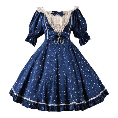 草莓巫女 夏季原创lolita设计仲夏星河烫银纯色op jsk 连衣裙