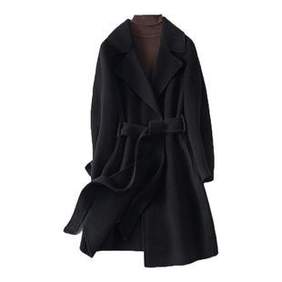 羊毛大衣女中长款黑色显瘦系带收腰双面呢新款轻奢毛呢外套小个子