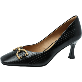 自由姿色漆皮女鞋春秋款复古方头细高跟鞋时尚真皮黑色职业单鞋女