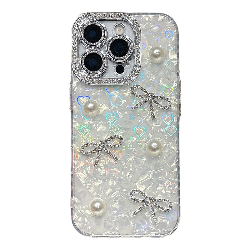珍珠水钻镂空蝴蝶结手机壳适用iPhone17promax精孔镜头全包苹果16plus贝壳纹镭射爱心18pro保护套时尚女款ins