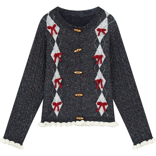 妖精的口袋复古菱格提花厚毛衣外套女2025年冬季新款甜美新年穿搭