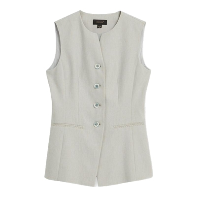 YINER音儿女装秋季亚麻法式背心都市风廓形小V领马甲