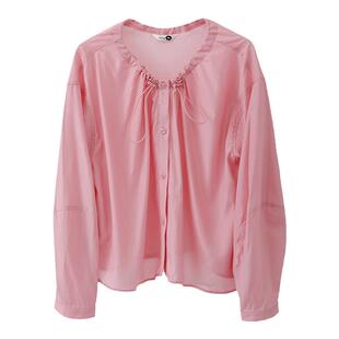 有耳uare原创设计 冰桃气泡 抽绳圆领轻盈仿天丝宽松早秋长袖衬衫