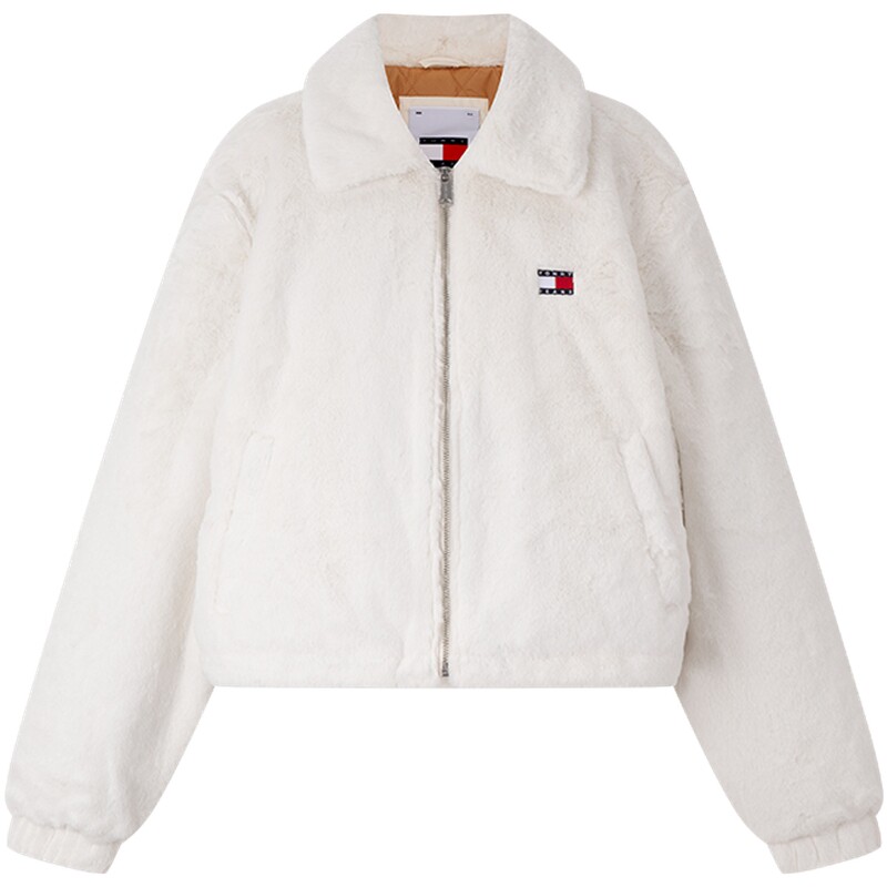 Tommy女刺绣翻领毛绒短铺棉夹克