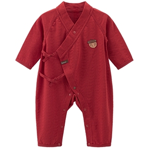 新生儿连体衣春夏季薄款纯棉宝宝满月红色睡衣服婴幼儿哈衣和尚服