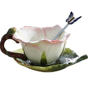 粉玫瑰杯子陶瓷杯创意茶杯套装咖啡杯花草茶具家居欧式杯碟勺组合