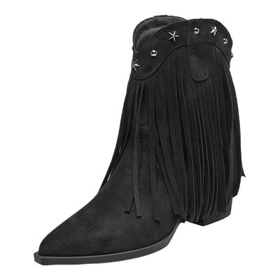 YRC尖头流苏短靴女初秋新款V口复古美拉德粗跟切尔西牛仔靴子