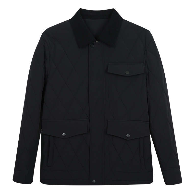 才子男装翻领黑色菱格棉服外套