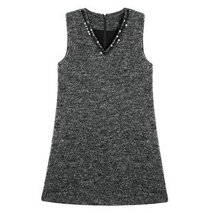 柒院家大码女装V领磨毛粗花呢背心连衣裙2025秋冬宽松显瘦中长裙