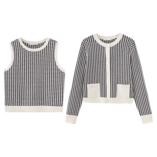 水云间千鸟格毛针织开衫背心两件套女长袖上衣文艺复古穿搭2025冬