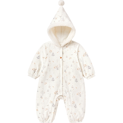 英氏婴儿连体衣冬季加厚夹棉保暖加绒女宝宝衣服英氏冬装连帽哈衣