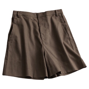 纯色亚麻高智感通勤半松紧腰宽松直筒裤阔腿休闲裤女短裤中裤C375