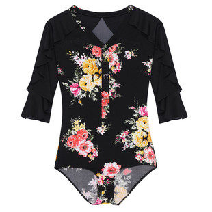 火叶花新款拉丁舞练功服女成人连体衣荷叶袖交谊摩登舞训练蹈上衣