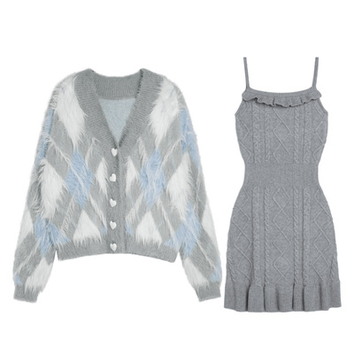 蓝灰菱格纯欲套装显瘦