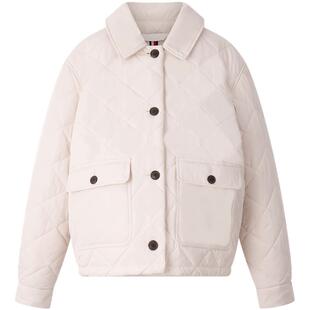 Tommy秋冬女装休闲菱形格纽扣翻领宽松保暖短款棉服夹克外套