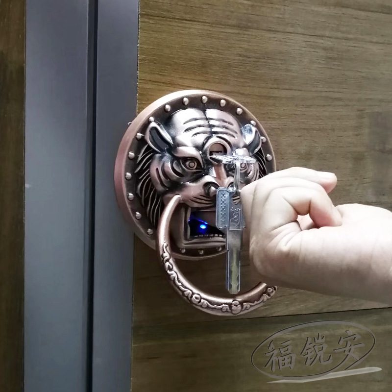 福锐安防雨指纹锁别墅双开大门仿古铜门铁门虎头兽首拉环智能锁