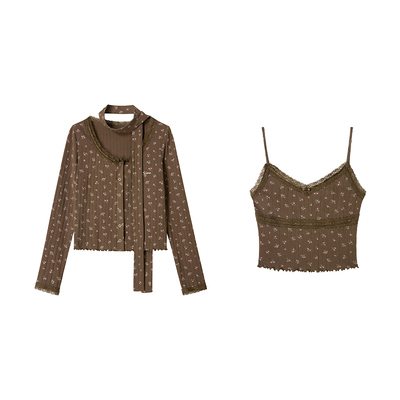 Uena棕色蕾丝花边碎花套装