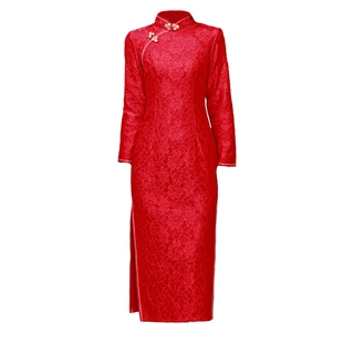 红色旗袍外嫁女回娘家统一服装中国红礼仪迎宾公司年会蕾丝礼服裙