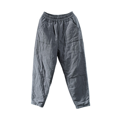 2025秋冬新款棉麻夹棉女裤松紧腰加厚保暖棉裤显瘦哈伦裤长裤子