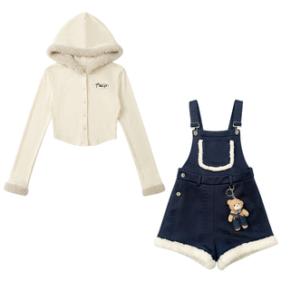 织物猪 蓝绒奶糖 日系学院风蓝色背带裙套装女冬季连体长裙两件套