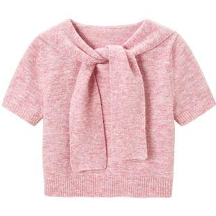 乐町披肩款短袖套衫女春季清甜格雷系合体针织衫上衣