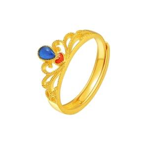 老庙黄金足金999古法鎏彩爱心皇冠活口戒指复古撞色古典送女友