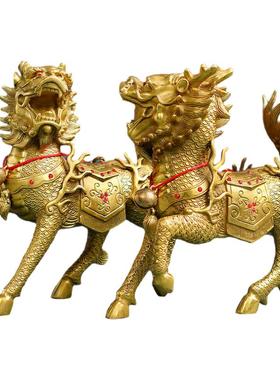 纯黄铜火麒麟公母一对客厅装饰摆件玄关办公室开业桌八卦小号招财