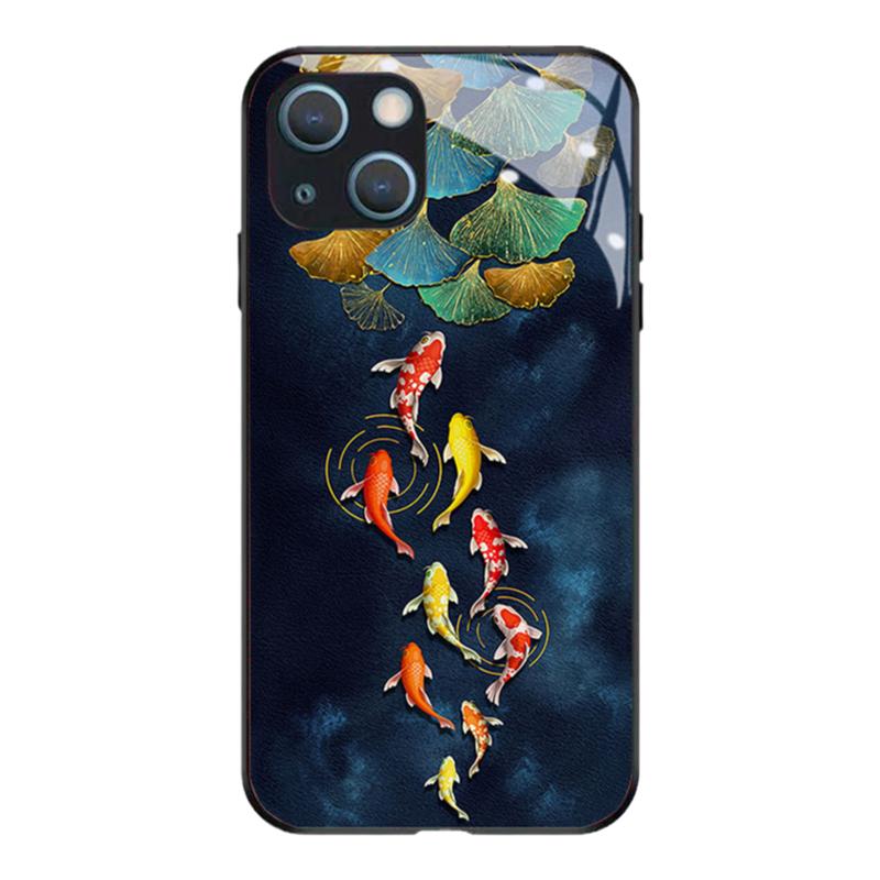 银杏叶锦鲤适用苹果14plus手机壳13promax全包边12pro网红iPhone11钢化玻璃7XS个性MAX高级感XR防摔8磨砂6plu