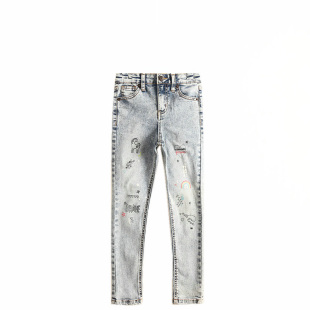 欧美单春秋款童装修身版女童蓝白亮片爱心彩虹弹力小脚牛仔裤8C32