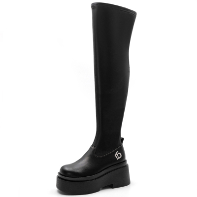 真皮超厚底长筒靴女粗腿过膝长靴