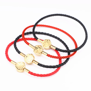 可穿3D硬金饰品细款2.5mm钢丝绳皮绳手链转运珠路路通手绳红绳