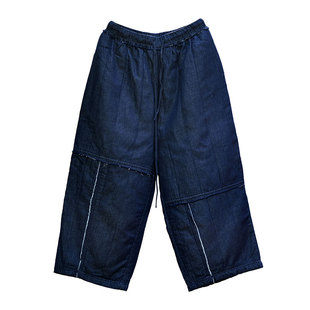 亚麻九分牛仔棉裤2025秋冬季新品女装复古夹棉靴裤保暖直筒休闲裤