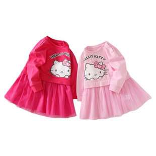HelloKitty童装女童长袖连衣裙春秋可爱百搭网 棉质圆领公主裙