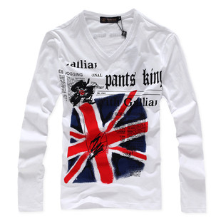 男装长袖t恤2025春秋季新款米字旗印花青少年修身V领韩版潮男短袖