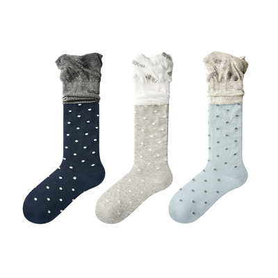 派米波点堆堆小腿袜女款夏季薄款长筒袜miu系花边袜长袜无骨棉袜