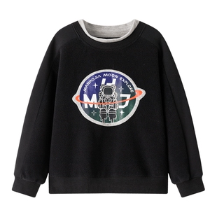 漫画家潮童装中大童卡通印花假两件套头卫衣保暖加绒上衣2023冬