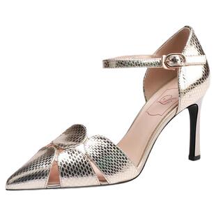 时尚金色真皮高跟鞋2026夏季新款时尚镂空一字扣尖头细跟凉鞋