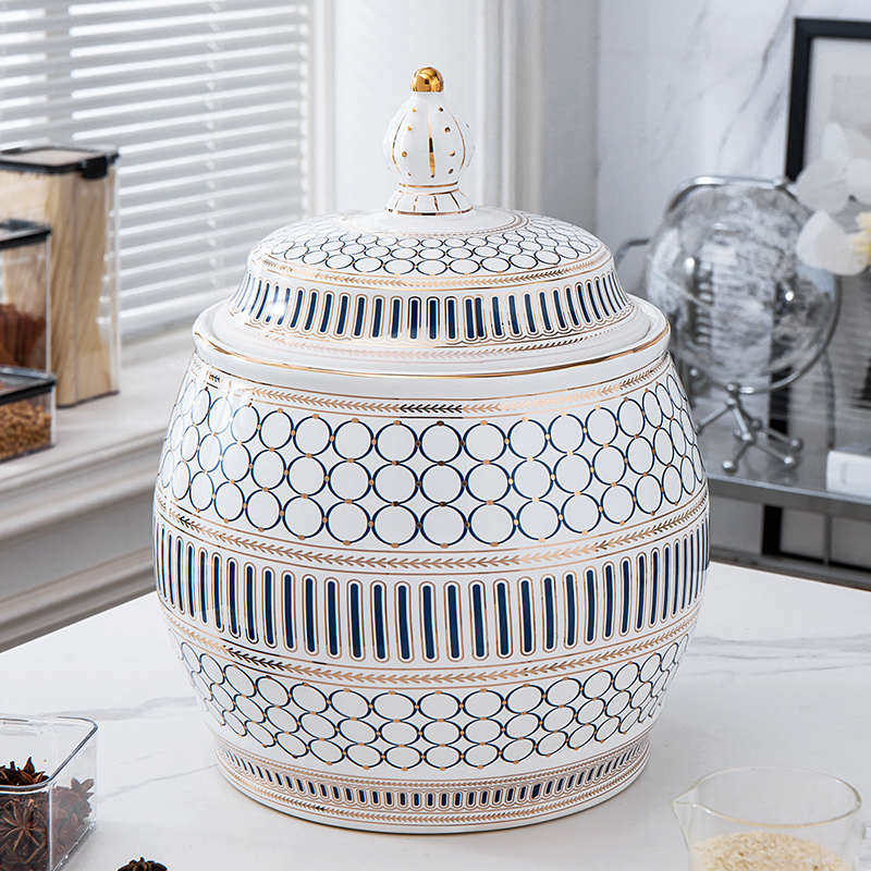 欧式米缸家用陶瓷带盖防虫防潮密封罐10公斤20斤装面粉米桶储米箱
