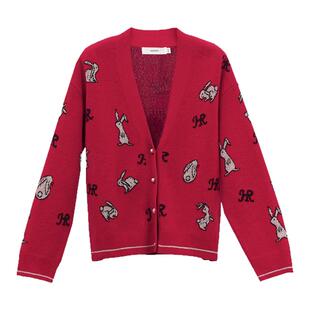 HONRN/红人红色女士长袖显瘦v领羊毛针织衫开衫上衣春秋HI33OM542