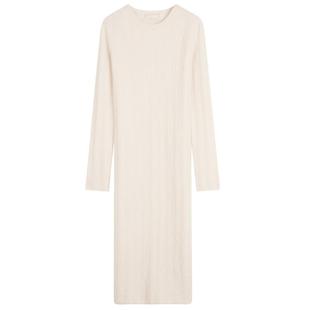 GOBI戈壁秋冬圆领修身山羊绒女士长款针织连衣裙白色长裙WK784