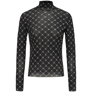 FF仿佛2025年春季新款黑色微透薄纱长袖打底衫T恤正肩修身半高领