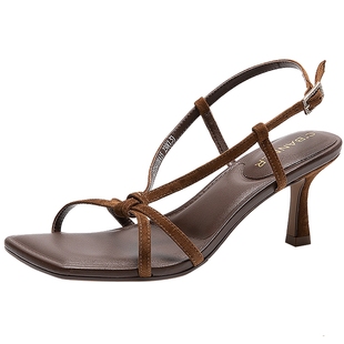 千百度细带时装细高跟凉鞋女新款通勤羊皮不累脚绝美露趾气质百搭