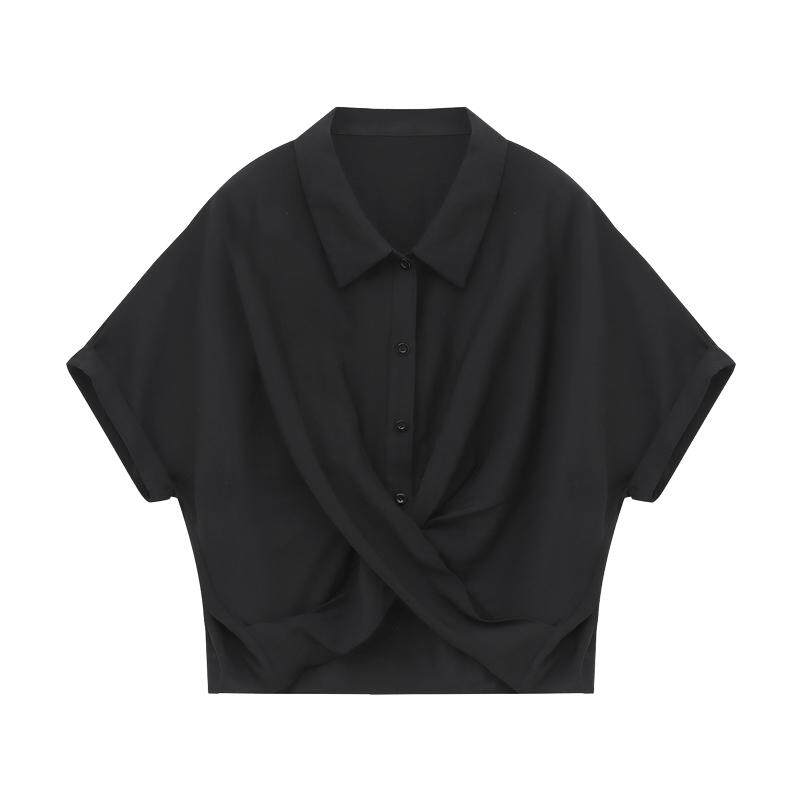 Basic House/百家好干爽轻薄莱赛尔衬衫翻领短款简约高级纯色衬衣