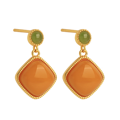 小银匠天然蜜蜡纯银方糖菱形耳环