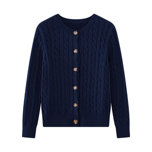 100%纯棉麻花纹扭花开衫女圆领纽扣针织衫百搭毛衣2025秋冬外套