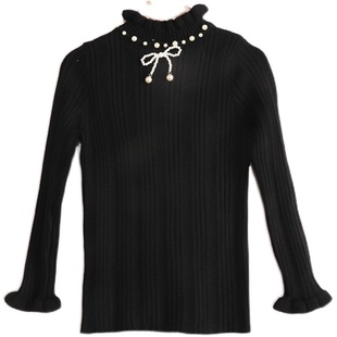 内销秋冬新品  女童三色加绒花边半高领带珠珠竖条针织线衣8A-2-3