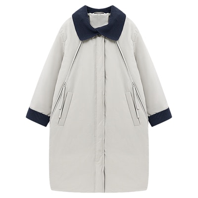 Basic House/百家好撞色针织领拼接中长款羽绒服白鸭绒保暖外套女