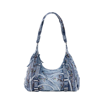 Desigual26春夏新品牛仔花卉刺绣毛边装饰手提单肩包