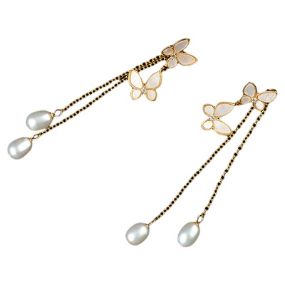 红口袋复古优雅天然淡水珍珠贝母蝴蝶耳环中国风流苏S925银针耳坠