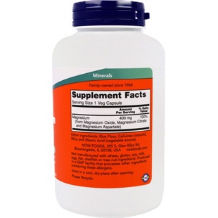 现货美国Now Foods Magnesium caps柠檬酸镁天冬氨酸镁180粒神经